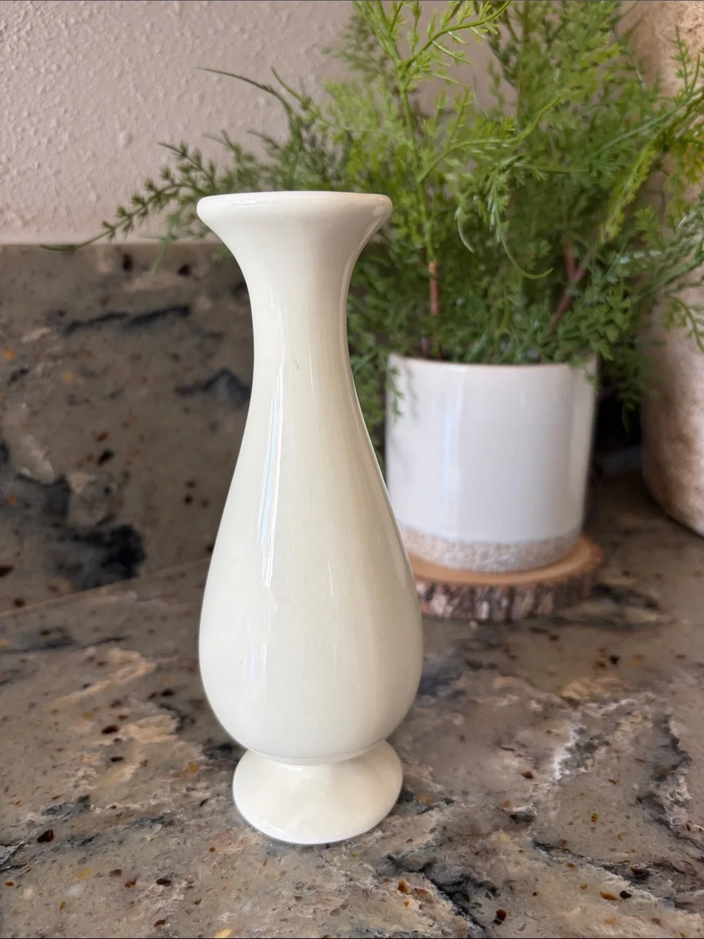 Vintage Mid Century Cream Floral Glazed Ceramic Slender Neck Bud Vase, 6.5” high